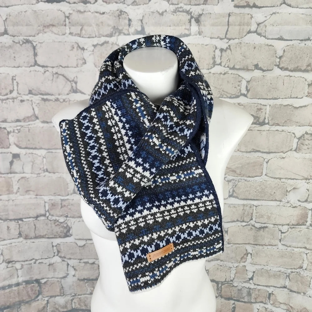 Point Zero Fairisle Jaquard Knit Scarf Cabincore  Olive Green Blues O/S Unisex